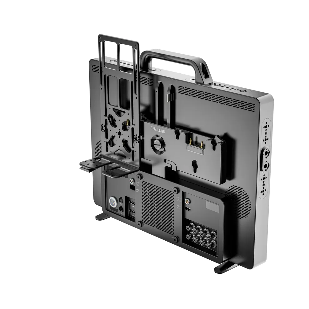 SmallHD-17-5001-4KSeriesPSUUniversalMountingBracket_Installed-GoldMount02_v2.webp
